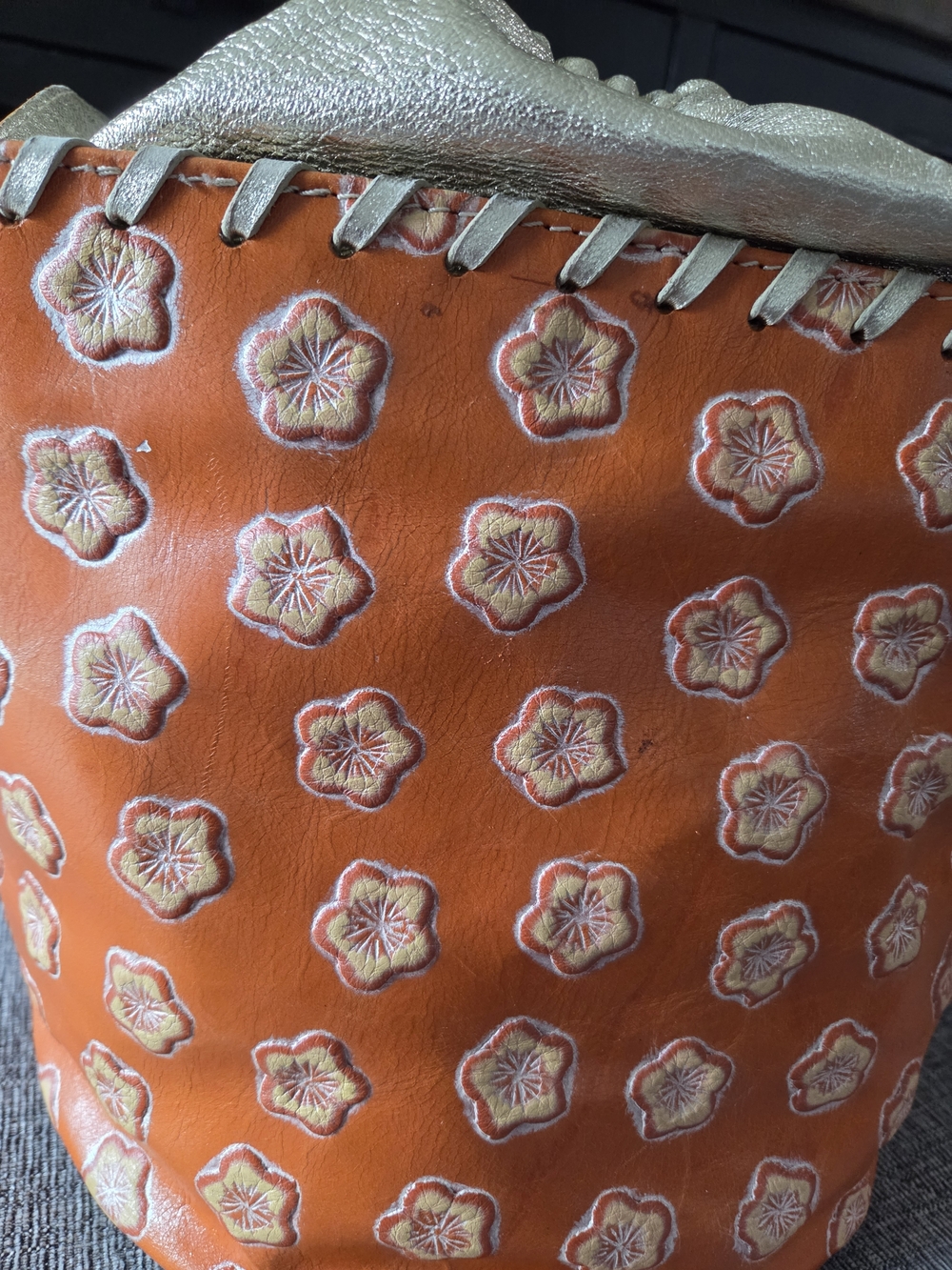 PULICATI Orange Floral Embossed Leather Bucket Bag with Gold Drawstring - Picture 8 of 13